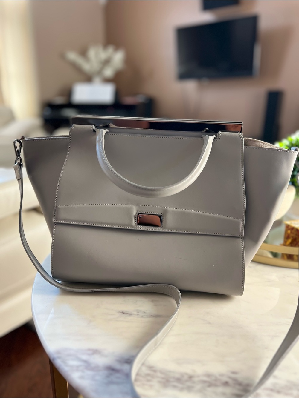Alberta Di Canio Gray Structured Shoulder Tote Genuine Leather Made in Italy